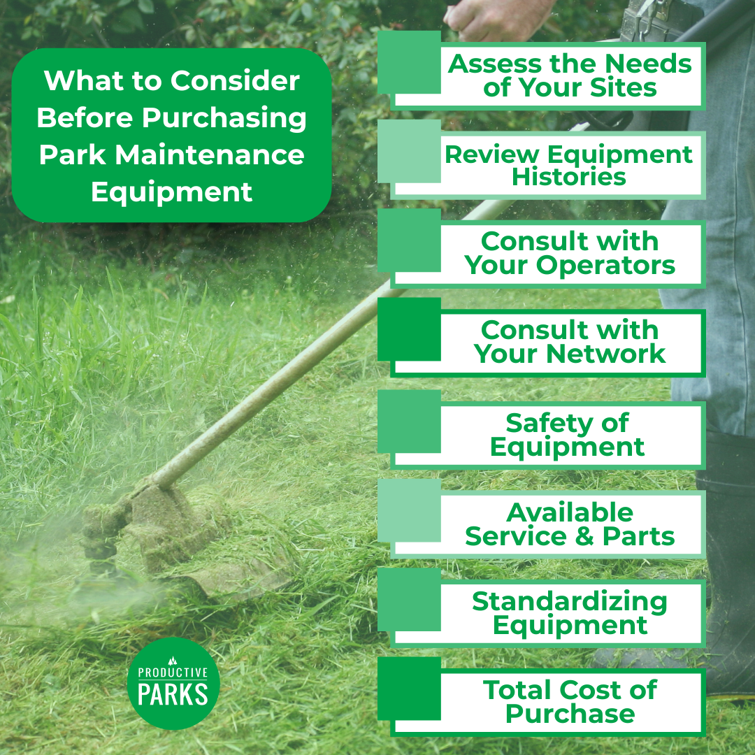 infographic of what to consider before purchasing park maintenance equipment