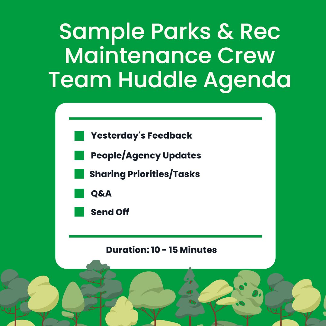 Infographic of a sample maintenance team huddle for parks and recreation professionals