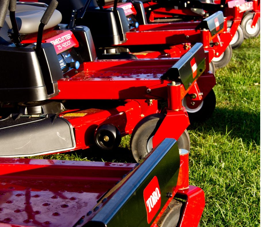 Image of winterized commercial lawn mowers ready to be stored